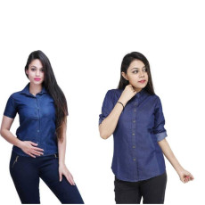 Womens Denim Solid Shirt Buy 1 Get 1 Free Navy Blue Solid 